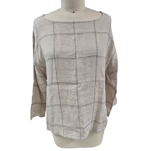 Eileen Fisher Tops - Eileen Fisher 100% Organic Linen Top Beige Black Grid Pattern Sz L Relaxed Fit